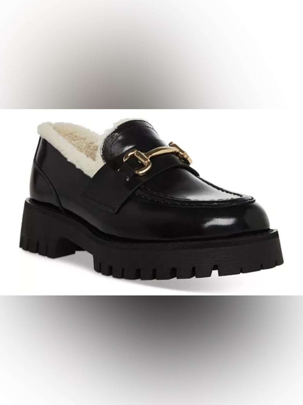Steve Madden Black Leather Lug Sole Shearling-Lined Loafers